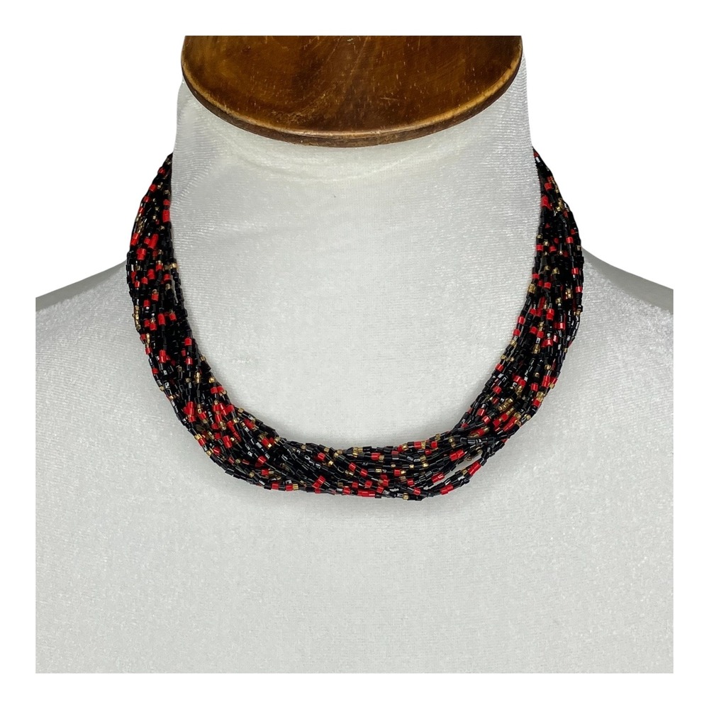 Handmade Seed Bead Choker Necklace 16" Black Red Multi Strand Sparkle Goth Glam